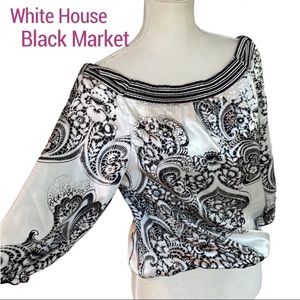 WHBM 100% silk Off the shoulder black and white top